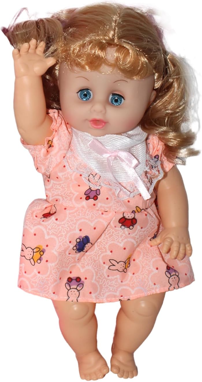 مجموعة لعب دمية طفل تفاعلية - دمية تتحدث بصوت عالٍ مع زجاجة ومرحاض وعلبة مناديل - دمية ذات شعر أشقر مجعد ترتدي فستانًا خوخيًا للأطفال (من سن 3 سنوات فما فوق)